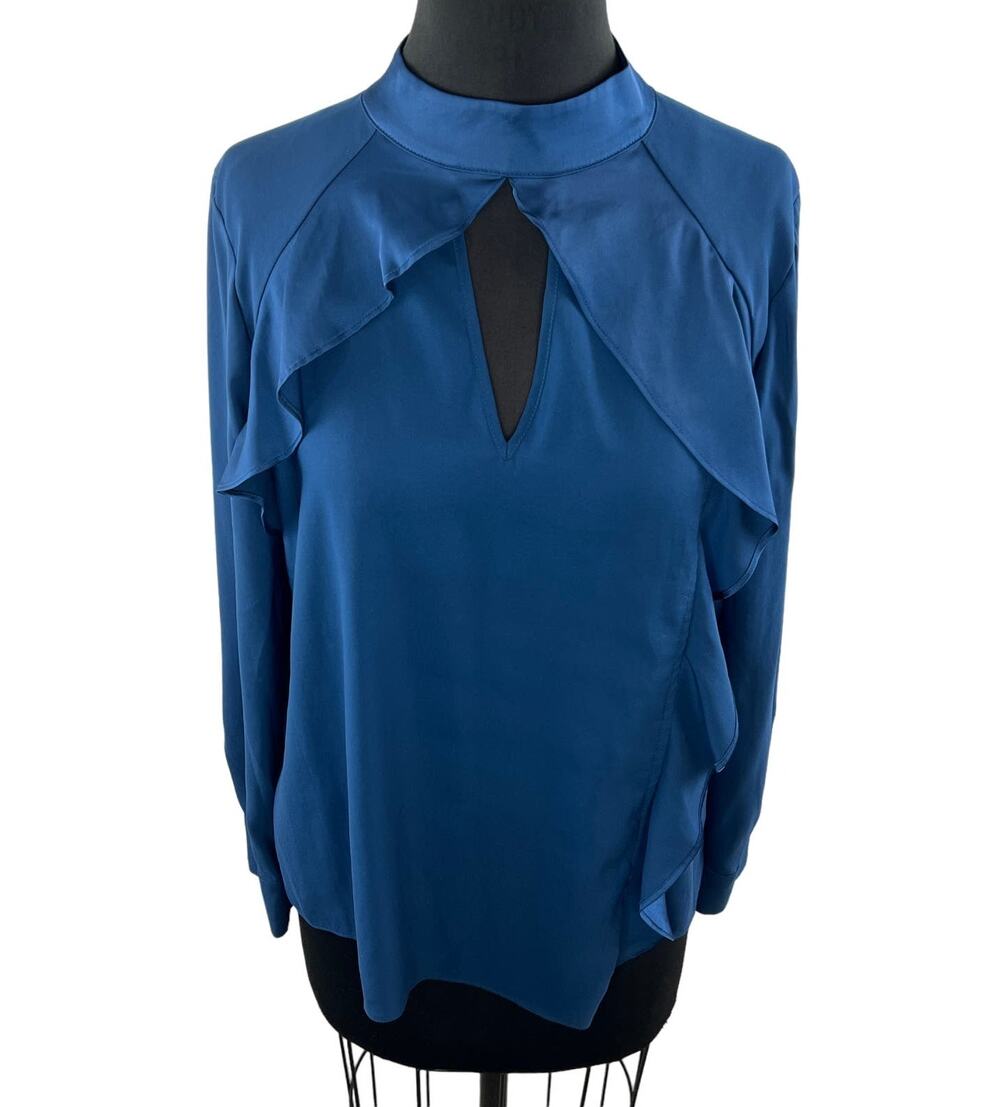 PARKER Blouse Top Back Stretch Back Keyhole Mock Neck Ruffle Size Medium M